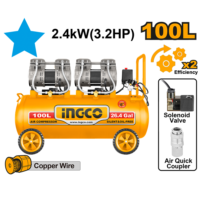 ACS2241001 - Kompresor monofaze me 2 motora silencioz pa vaj 100 Lt, 3.2 Hp, 8 Bar