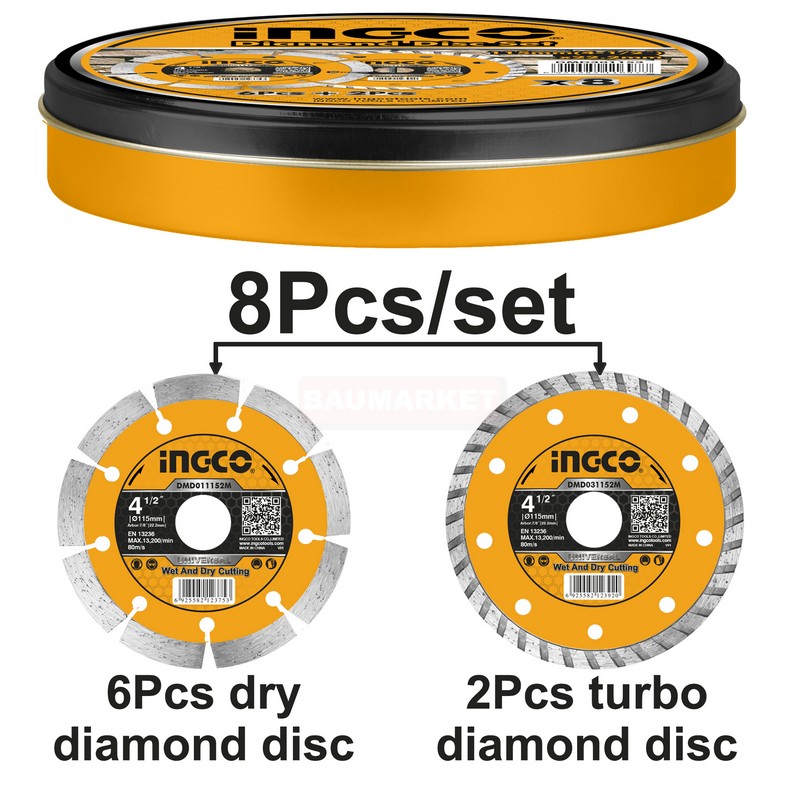 DMD301153 - Komplet me 8 disqe Diamanti 115 mm, 6 Diamanti + 2 turbo
