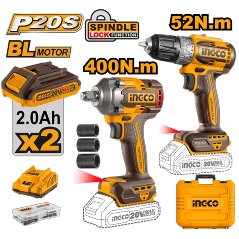 Combo Kit me 2 bateri 20V/2.0 Ah (Trapan me bateri 52Nm + Trapan me goditje 400 Nm) motor pa karboncina + aksesore