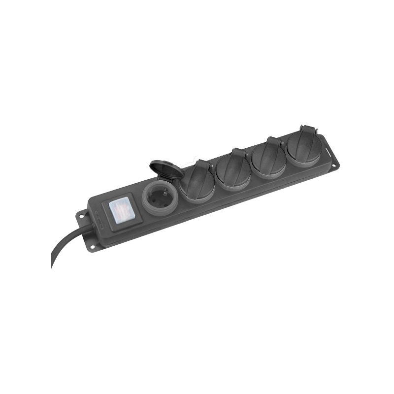 Zgjatues 10m me 5 priza dhe celes 3.1.5mm i gomuar, I zi, me kapak me suste, IP44 - 601226