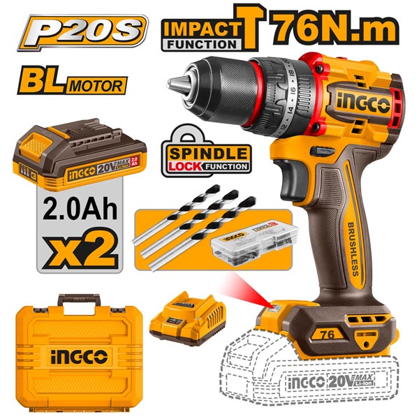 Trapan/Vidiator me goditje me 2 bateri 20V/2.0 Ah, force shtrengimi 76Nm + Vidiator me goditje 1/4'' me 2 bateri 20V/2.0 Ah, force shtrengimi 285 Nm, motor pa karboncina