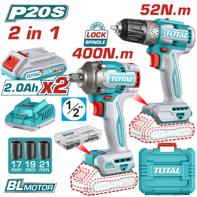 Combo Kit (Trapan TDLI204531 + Pistolete Dadicekesh TIWLI2040) me 2 Bateri 20V/2.0 Ah, motor pa karb - TCKLI20271
