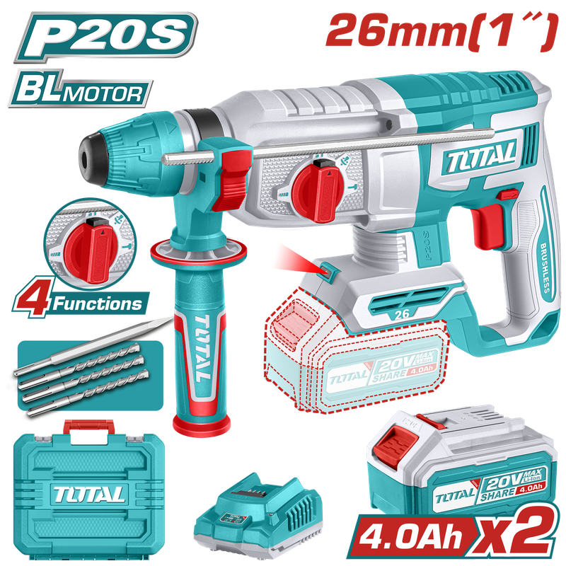 Matrapik SDS-Plus me 4 funksione, 2 bateri 20V/4.0 Ah, 2.5J/26mm, motor pa karboncina  + 3 punto / 1